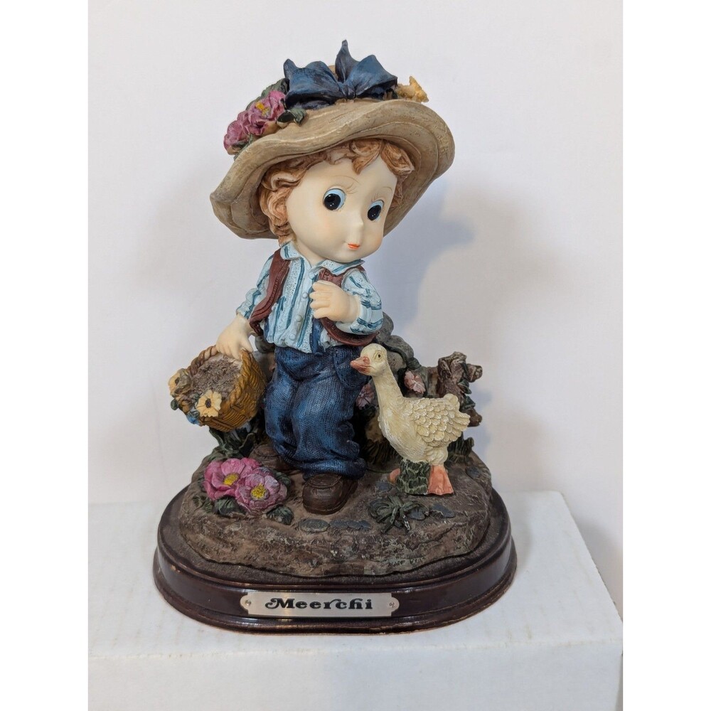 Meerchi Cottagecore Girl with Goose Blue Hat Floral Basket Garden 7"